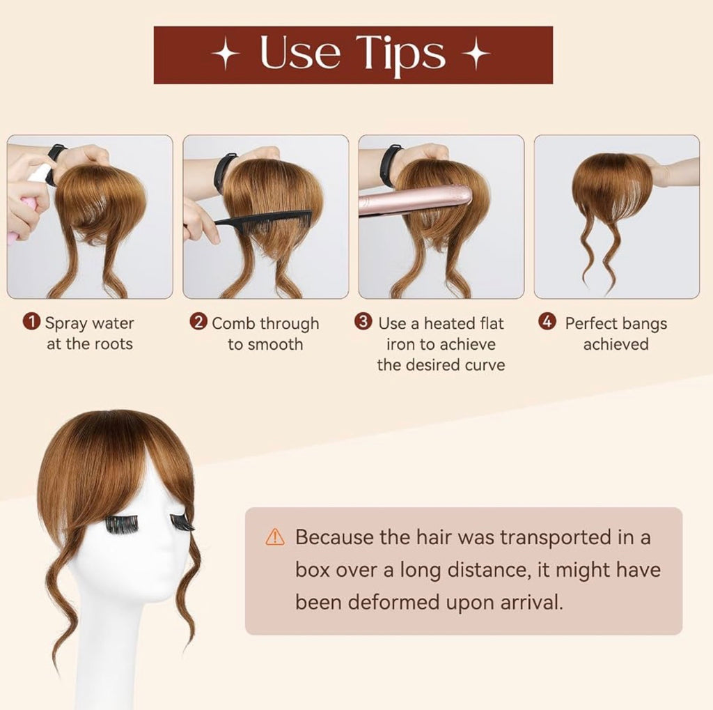 100% Human Hair Clip In Bangs, 360°Real Human Hair Toppers for Women Natural Fringe Extensions with Invisible Clips-Medium Brown
