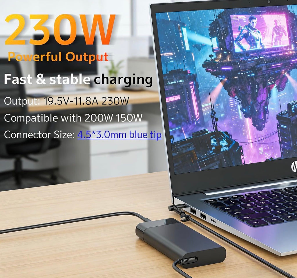 230W 200W Gaming Laptop Charger Fit for HP OMEN Victus ZBook 4.5mm Blue Tip, Fast Charging | Wide Compatibility | Smart Temperature Control | Stable Power for Gaming | Multiple Protection | 19.5V 11.8A
