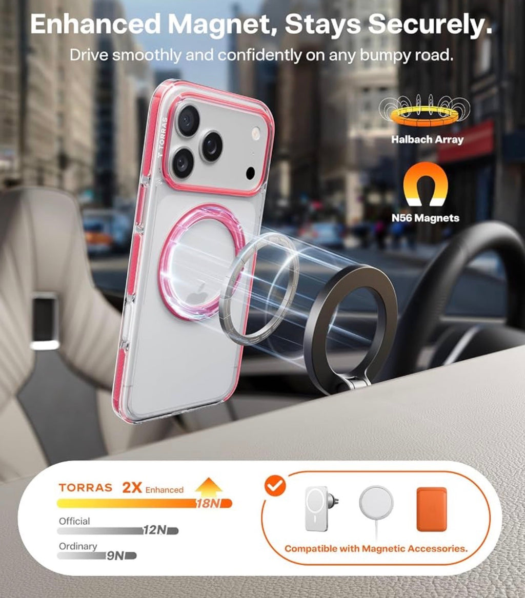 TORRAS for iPhone 17 Pro Case, 360 Magnetic Stand, Crystal Clear Pink 6.3"
[Fit for MagSafe] [360° Rotating Kickstand]4X Mil-Grade Shockproof, Camera Button, Slim Transparent Cover, O3 Fitness Series