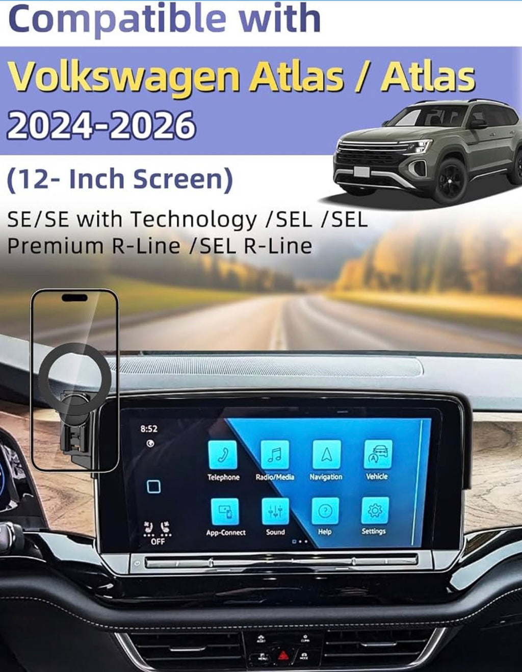 Car Phone Mount for VW/Volkswagen Atlas/Altas Cross Sport 2024-2026
SE/SEL/Premium R-Line/R-Line Accessories 12-inch Screen Compatible with MagSafe Phone Holder 360° Rotation Not Block Vent