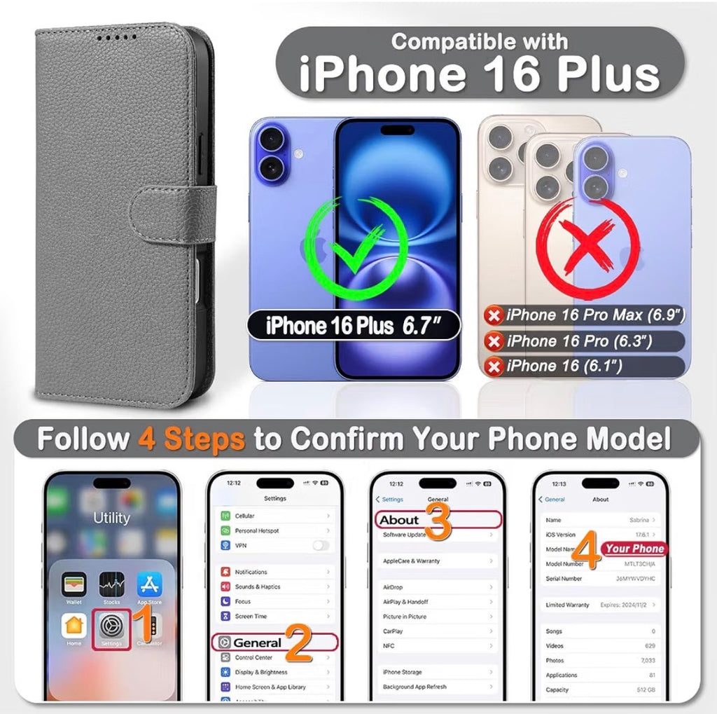 Wallet Case for iPhone 16 Plus with 4 Card Holder, Detachable 2 in 1 Leather Wallet Flip Folio Case, RFID Blocking, Wireless Charging, Microfiber Lining, Durable, for Women/Men (Mystic Gray)