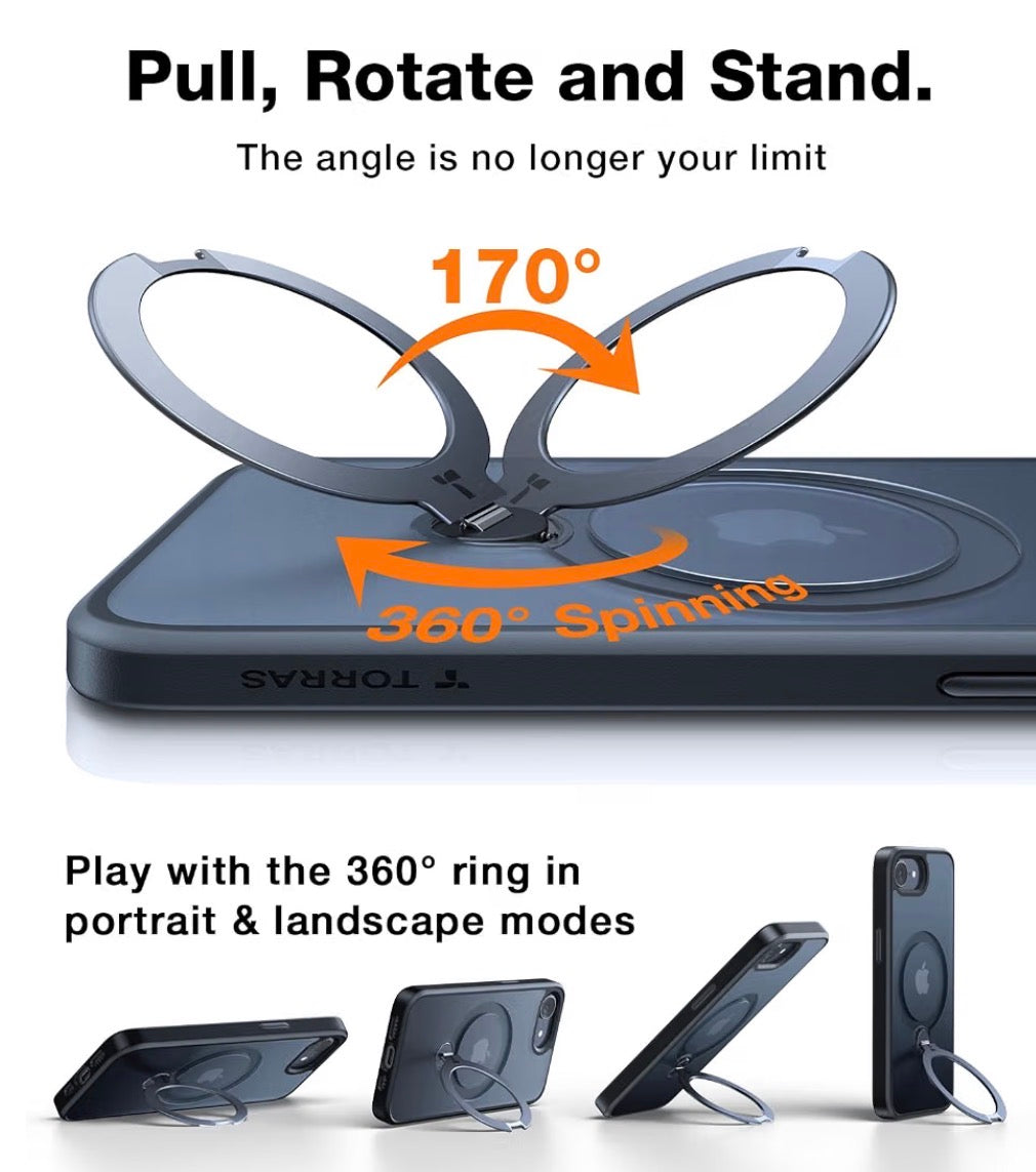 360 Spin for iPhone 17e Case & iPhone 16e case with Stand, Fit for MagSafe, 4X Military-Grade Protective, Stand Phone Case for iPhone 17e Case, Ring Holder Slim Cover, Matte Black 6.1''