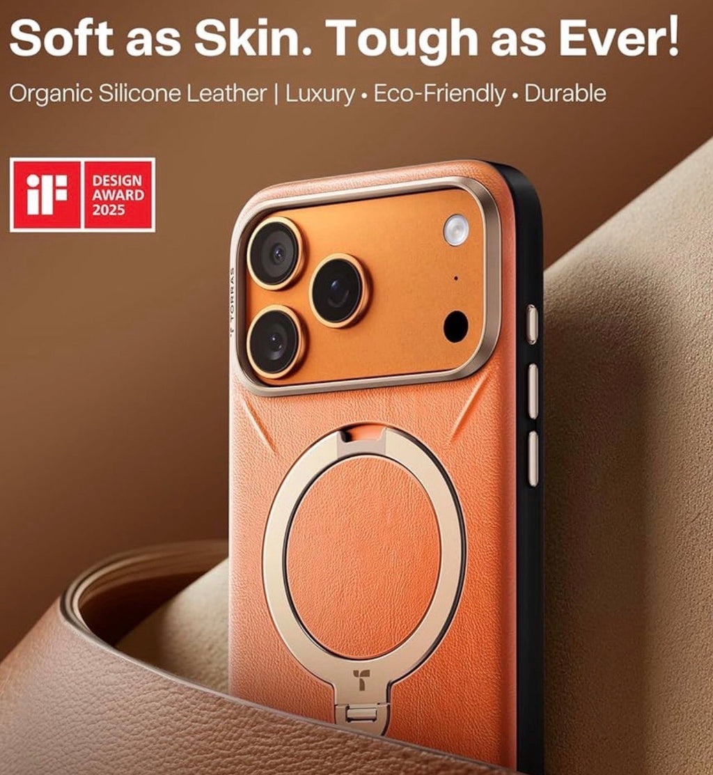 TORRAS - Q3 VegSkin for iPhone 17 Pro Max Case Leather, 360 Spin Magnetic Stand, Fit for MagSafe, Camera Control, Shockproof Premium Organic Silicone Leather Case for iPhone 17 Pro Max, Burnt Orange