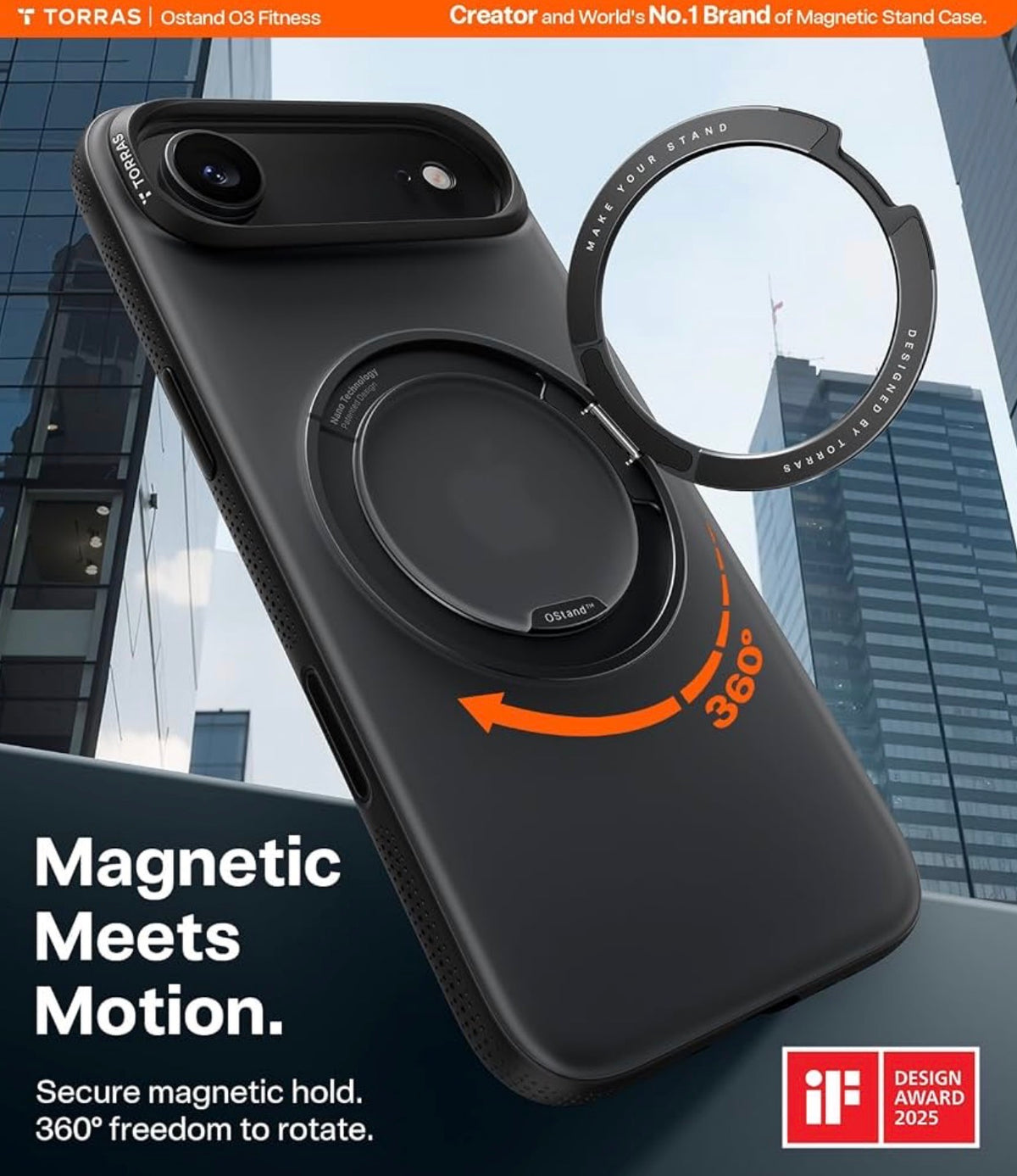 TORRAS 360 Magnetic Stand for iPhone Air Case, O3 Fitness Series [Fit for MagSafe] [Military-Grade Protection] Translucent Slim Case for iPhone 17 Air, 2025, Obsidian Black