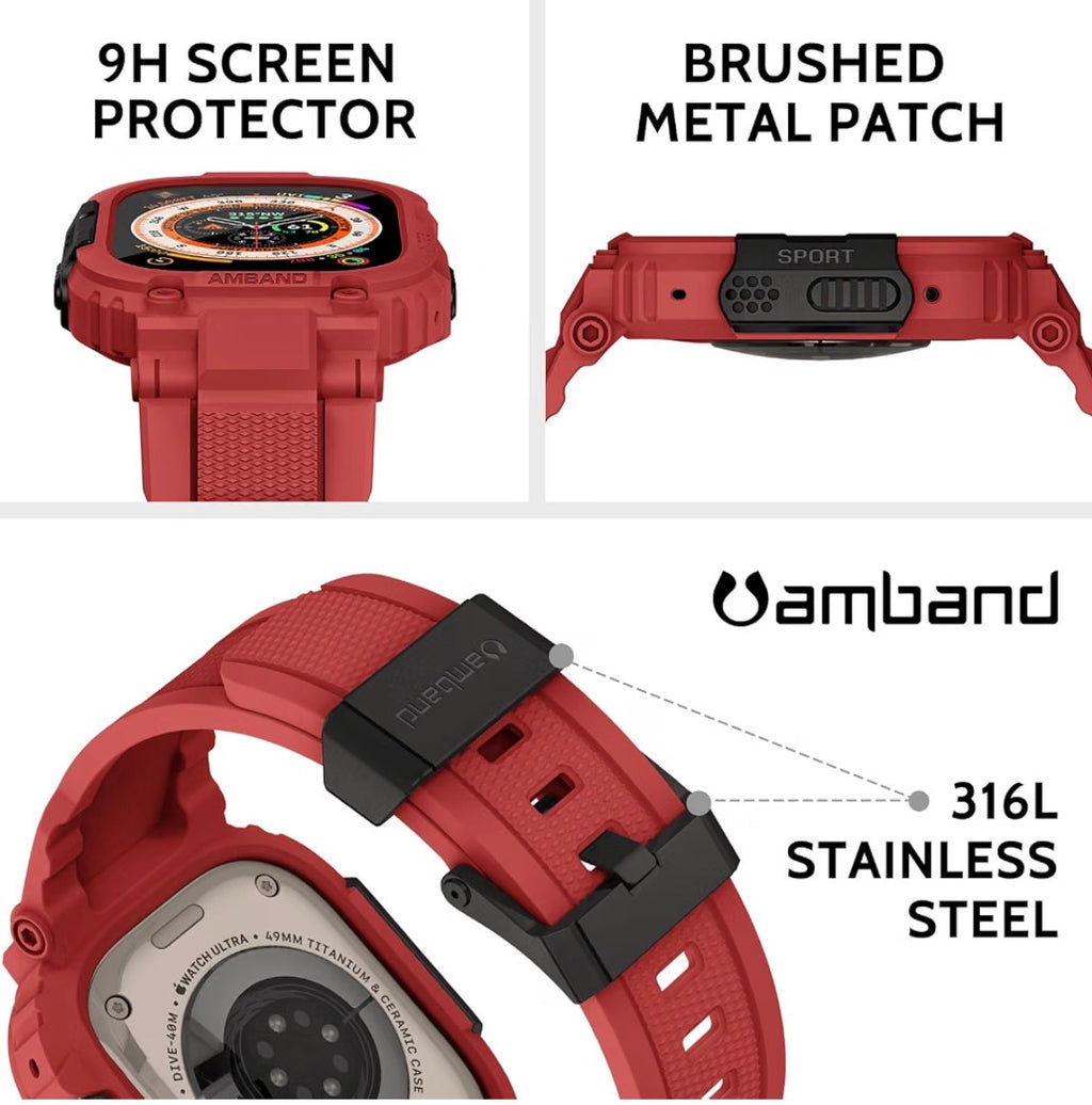 amBand Bands Case Screen Protector Compatible with Apple Watch Ultra 3/2/1 49mm, M1 Sport Series Rugged Cover Strap and 9H Tempered Glass Film, Protective Bumper for iWatch 49 mm Men - Mars Red