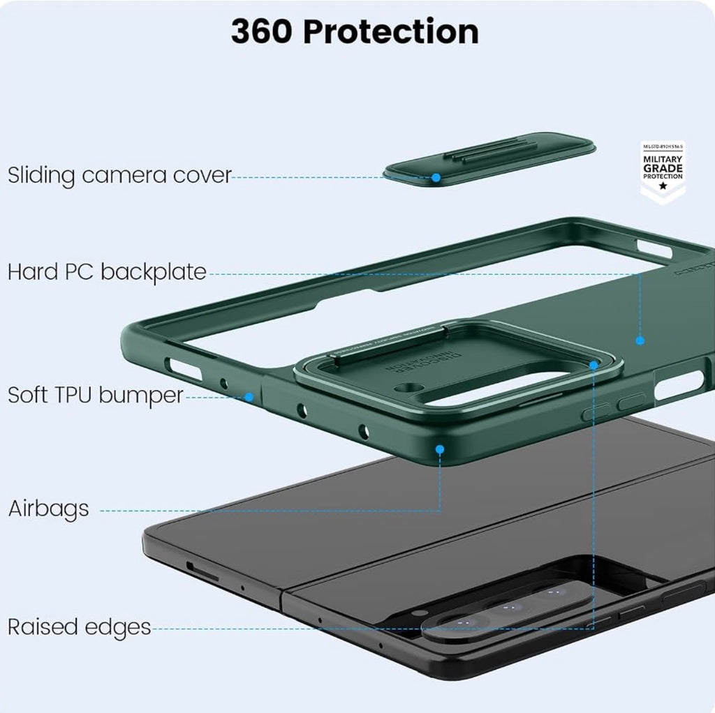 Nillkin - Samsung Galaxy Z Fold 5 Case with Metal Kickstand [Slide Camera Cover] CamShield Silky [Liquid Silicone ] Case for Galaxy Z Fold 5 5G Slim Pockets Fit Protective Case Green