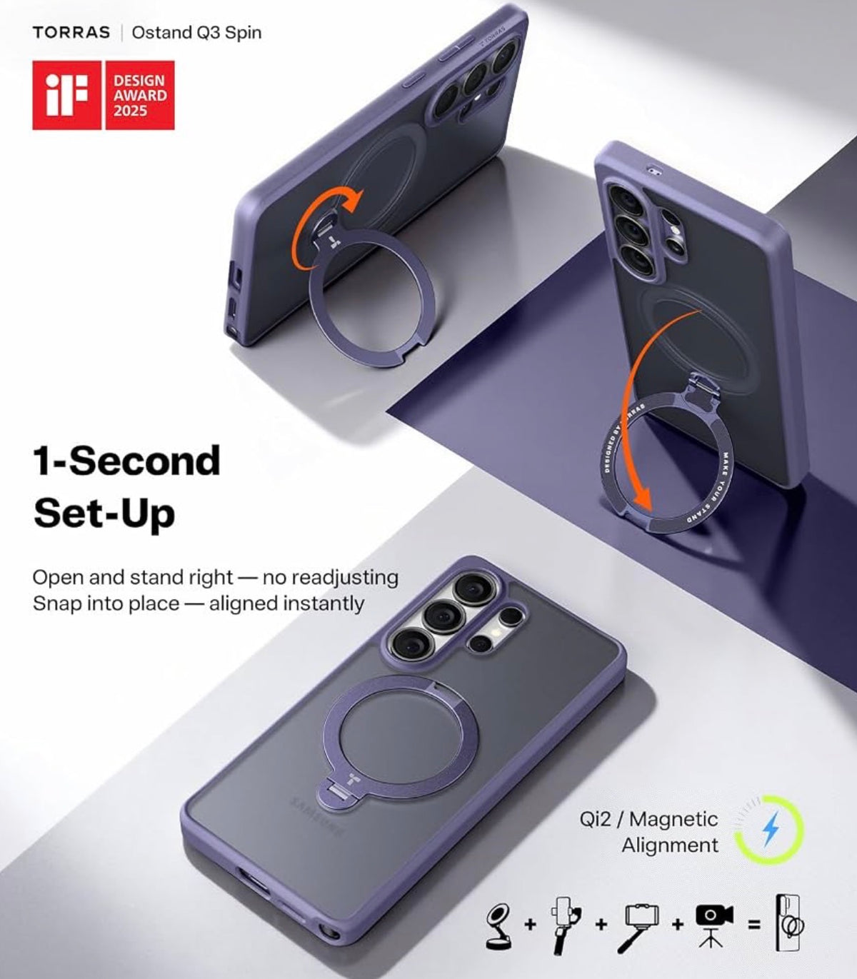 TORRAS Q3 Spin for Samsung Galaxy S26 Ultra Case, 360 Magnetic Stand, Compatible with Magsafe, Slim S26 Ultra Case with Kickstand, Aesthetic for Women, Translucent Frosted Purple
