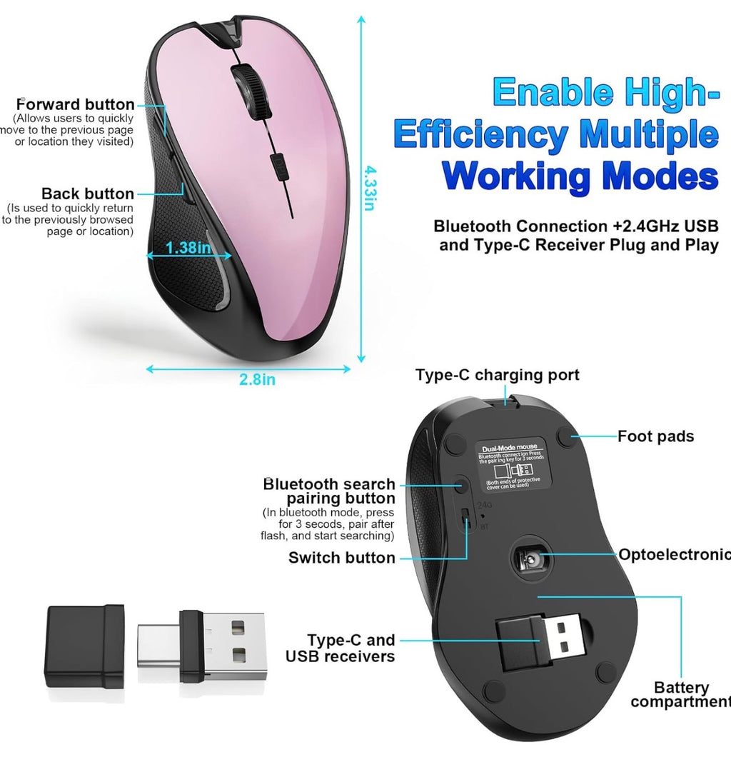 Mouse for MacBook Bluetooth Wireless Laptop Mac Pro Air Mice with Jiggler, Wireless Rechargeable PC Pad Optical Silent Mouse Dual Mode Switch Bluetooth 5.2/3.0 and 2.4GHz USB Type-C Receiver PURPLE