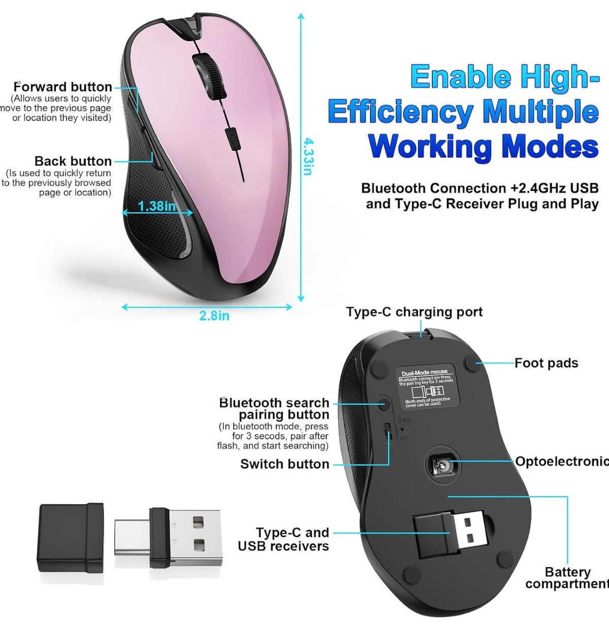 Mouse for MacBook Bluetooth Wireless Laptop Mac Pro Air Mice with Jiggler, Wireless Rechargeable PC Pad Optical Silent Mouse Dual Mode Switch Bluetooth 5.2/3.0 and 2.4GHz USB Type-C Receiver PURPLE