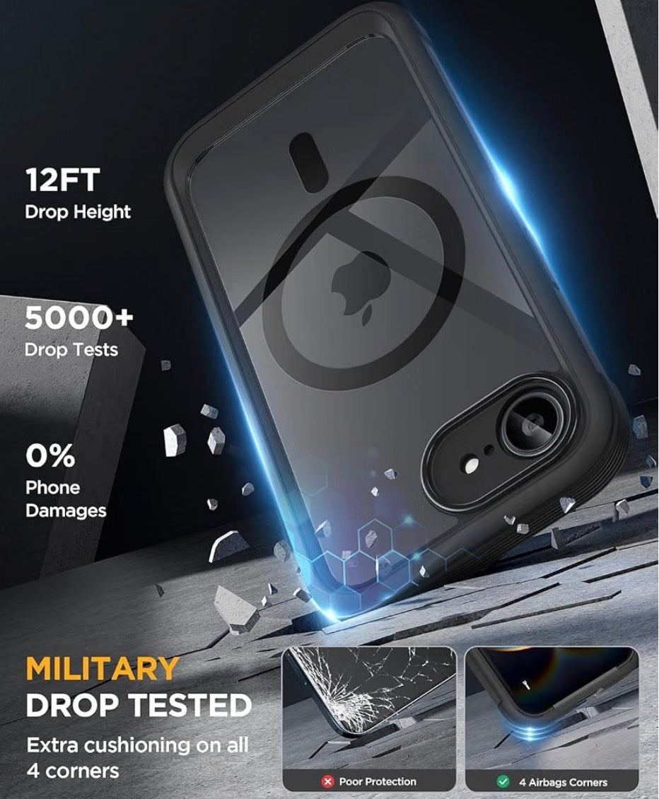 For iPhone 16e & 17e Case, Full-Body Phone with Built-in Glass Screen Protector, [Magnetic with MagSafe] Military Drop Proof 17 E/ 16 E Cover Bumper 6.1 inch, Black