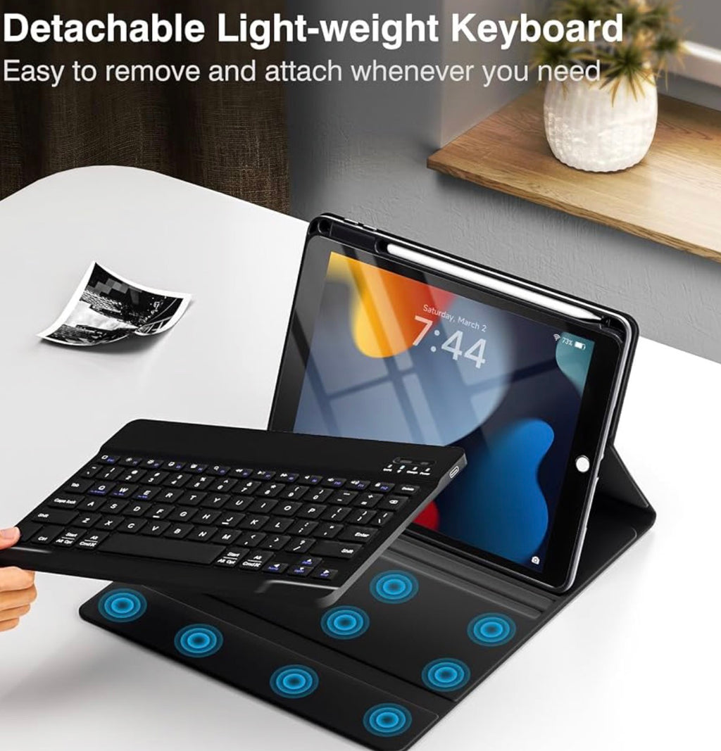 Keyboard Case for iPad 9th/8th/7th Gen (2021/2020/2019) 10.2 Inch
Keyboard Case for iPad Air 3rd gen (2019), iPad Pro 10.5 inch (2017), Detachable Wireless Keyboard, Pencil Holder