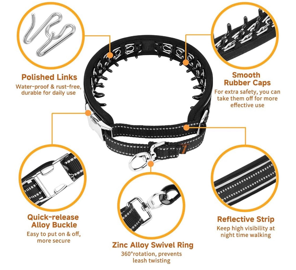Prong Collar for Dogs, Pinch Collar with Metal Buckle | Black, XL, No Pull Collar for Large Breed Dogs German Shepherd, Boxer, Rottweiler, For Walking & Training, Reflective, 360° Swivel Ring