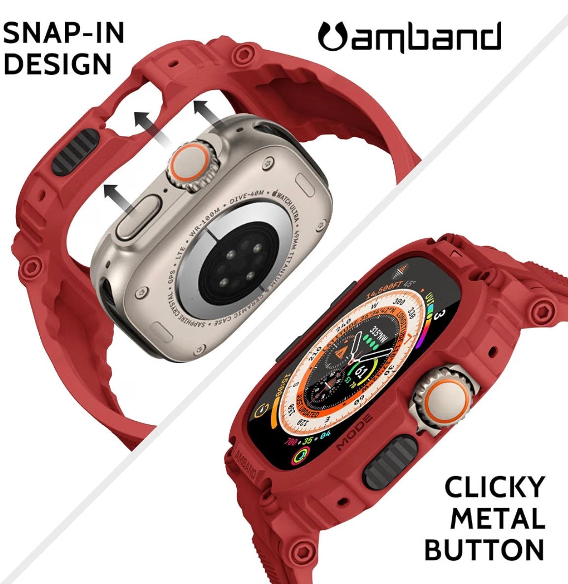 amBand Bands Case Screen Protector Compatible with Apple Watch Ultra 3/2/1 49mm, M1 Sport Series Rugged Cover Strap and 9H Tempered Glass Film, Protective Bumper for iWatch 49 mm Men - Mars Red