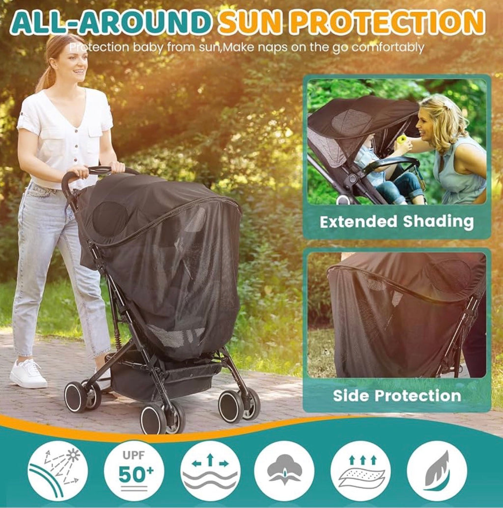 Stroller Sun Shade Cover - Universal Fit Sun Protection, Black, Removable Stroller Shade Extender with Zipper, Breathable & Stable, Block UV, All-around Protection for Summer
