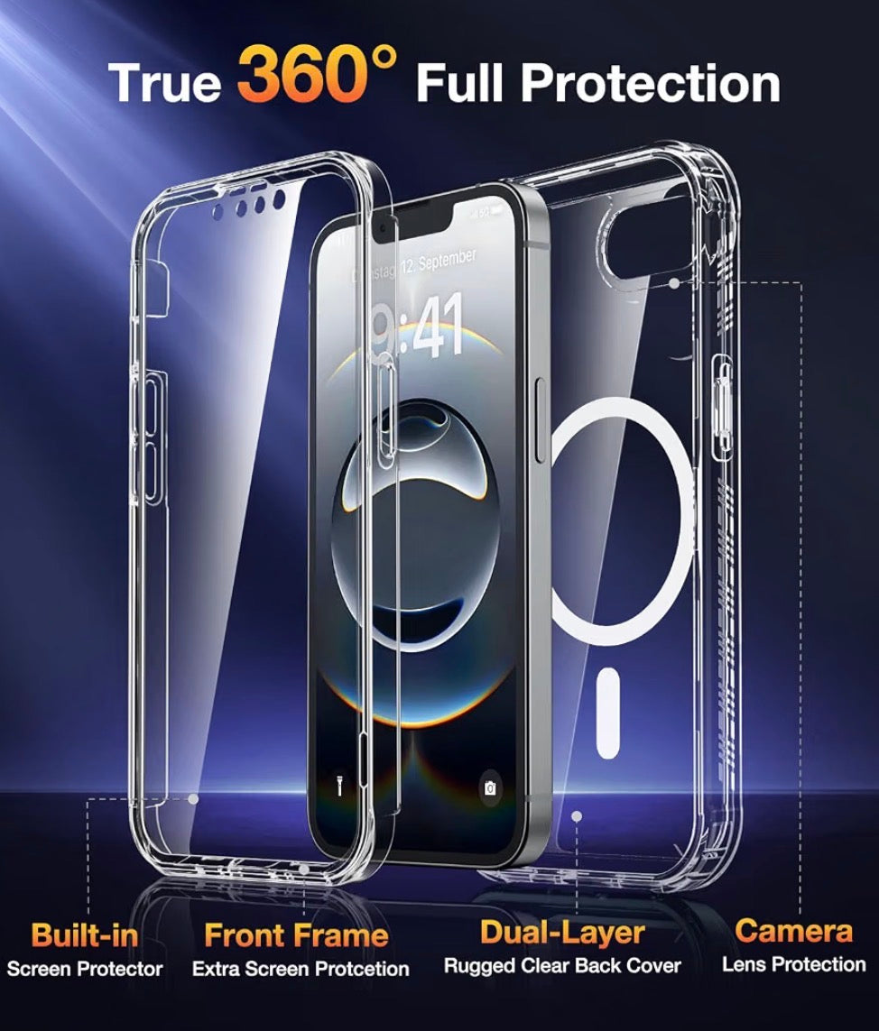 Magnetic Case for iPhone 16e 6.1'' (Clear) - Full Body Rugged Case with Built-in Screen Protector and Wireless Charging Support