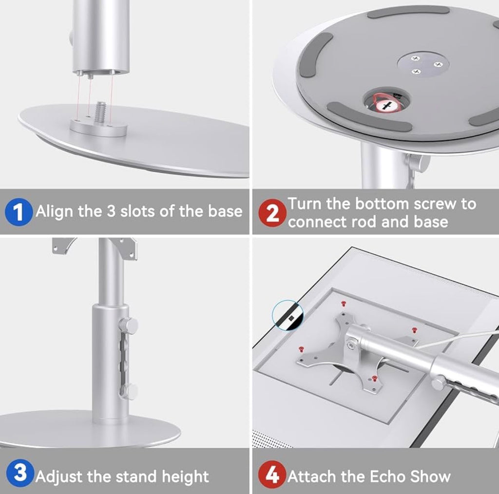 Stand for Echo Show 15/21, 4-Level Height Settings, Swivel and Tilt
360° Swivel Base, Adjustable Tilt, Aluminum Construction, VESA-Compatible for 15-21" Displays, Silver