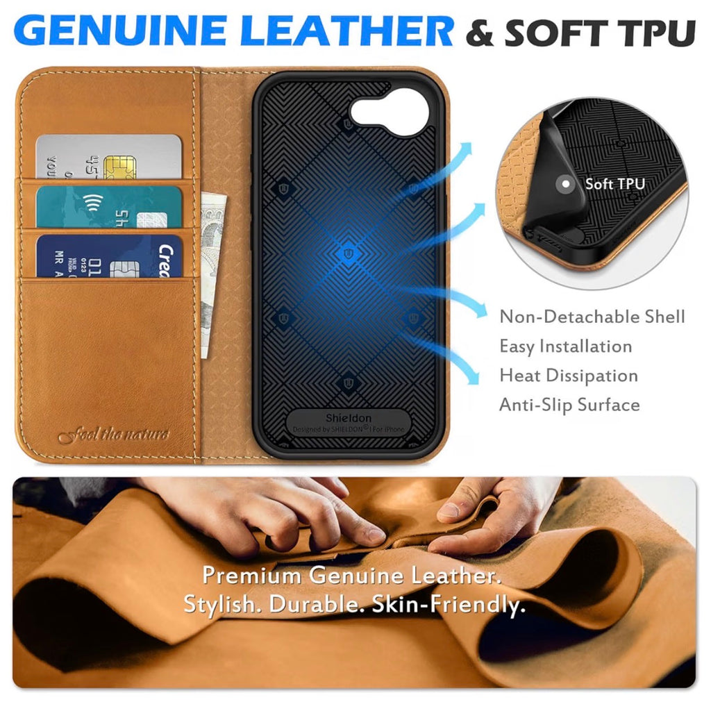 Genuine Leather Case Wallet for iPhone 17e/16e, Retro Light Brown, Flip Magnetic Cover, RFID Blocking, Credit Card Holder, Kickstand, Book Design, Shock-Absorbent Phone Cover