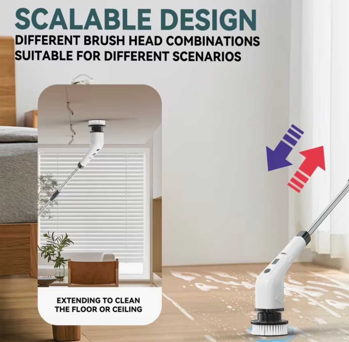 Multifunctional Rechargeable Cleaning Brush w/Long Handle and 7-in-1 Cleaning Tool, Floor, Kitchen, Bathroom etc.