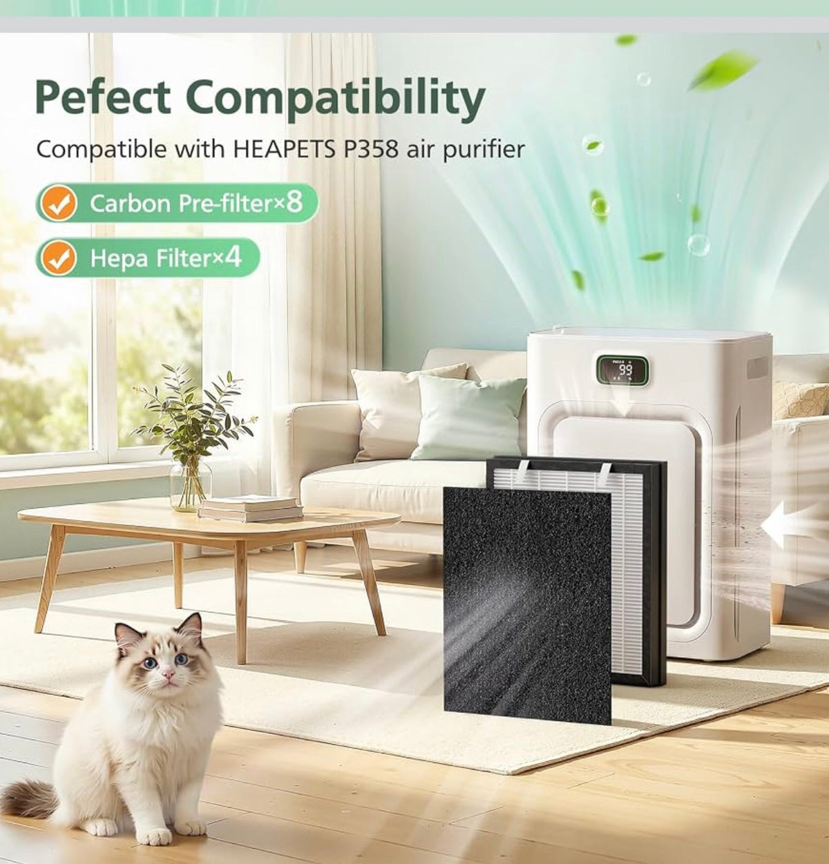 P358 Replacement Filters Compatible with HEAPETS P358 Pet Air Purifier, 4 Hepa Filters and 8 Activated Carbon Pre-filters for Pet Household, Compare Part #PJ358-2LX6JDM