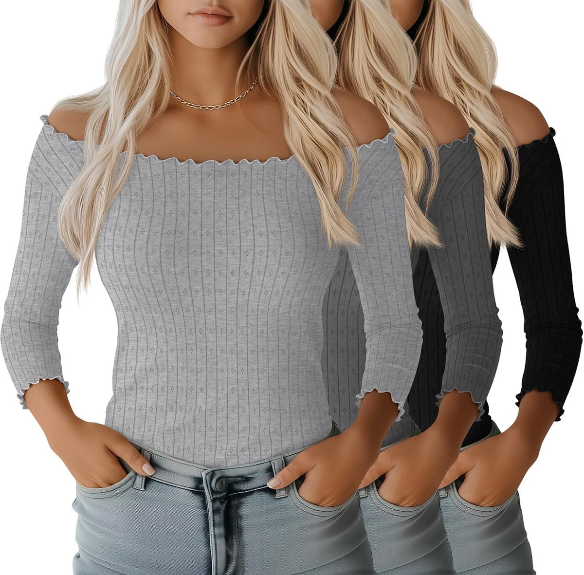 3 Pack Women's 3/4 Sleeve Tops, Boat Neck, Lettuce Trim, Jacquard Shirts, Slim Fit, Casual, Layering, Basic Tees, Three Quarter Length, Fitted - Size XXL