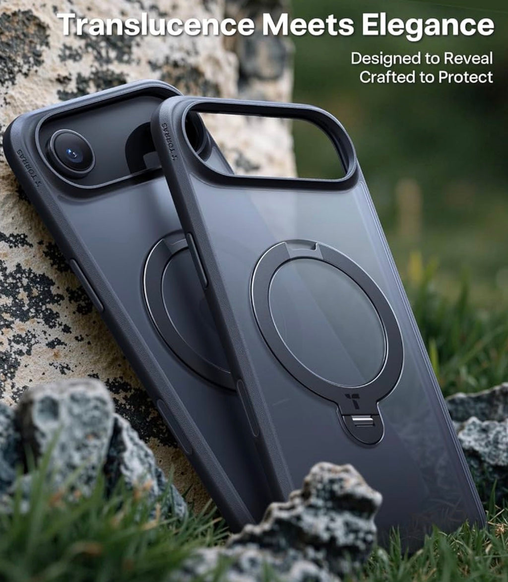TORRAS Q3 Spin for iPhone Air Case, 360 Magnetic Stand, Black, Compatible with MagSafe, Built-in Kickstand, Camera Control, 4X Military-Grade Shockproof Translucent Phone Case for 17 Air