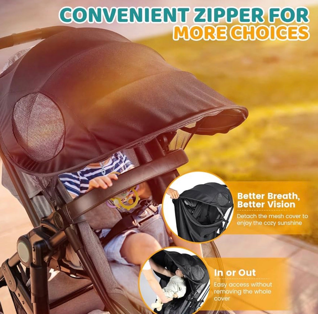 Stroller Sun Shade Cover - Universal Fit Sun Protection, Black, Removable Stroller Shade Extender with Zipper, Breathable & Stable, Block UV, All-around Protection for Summer