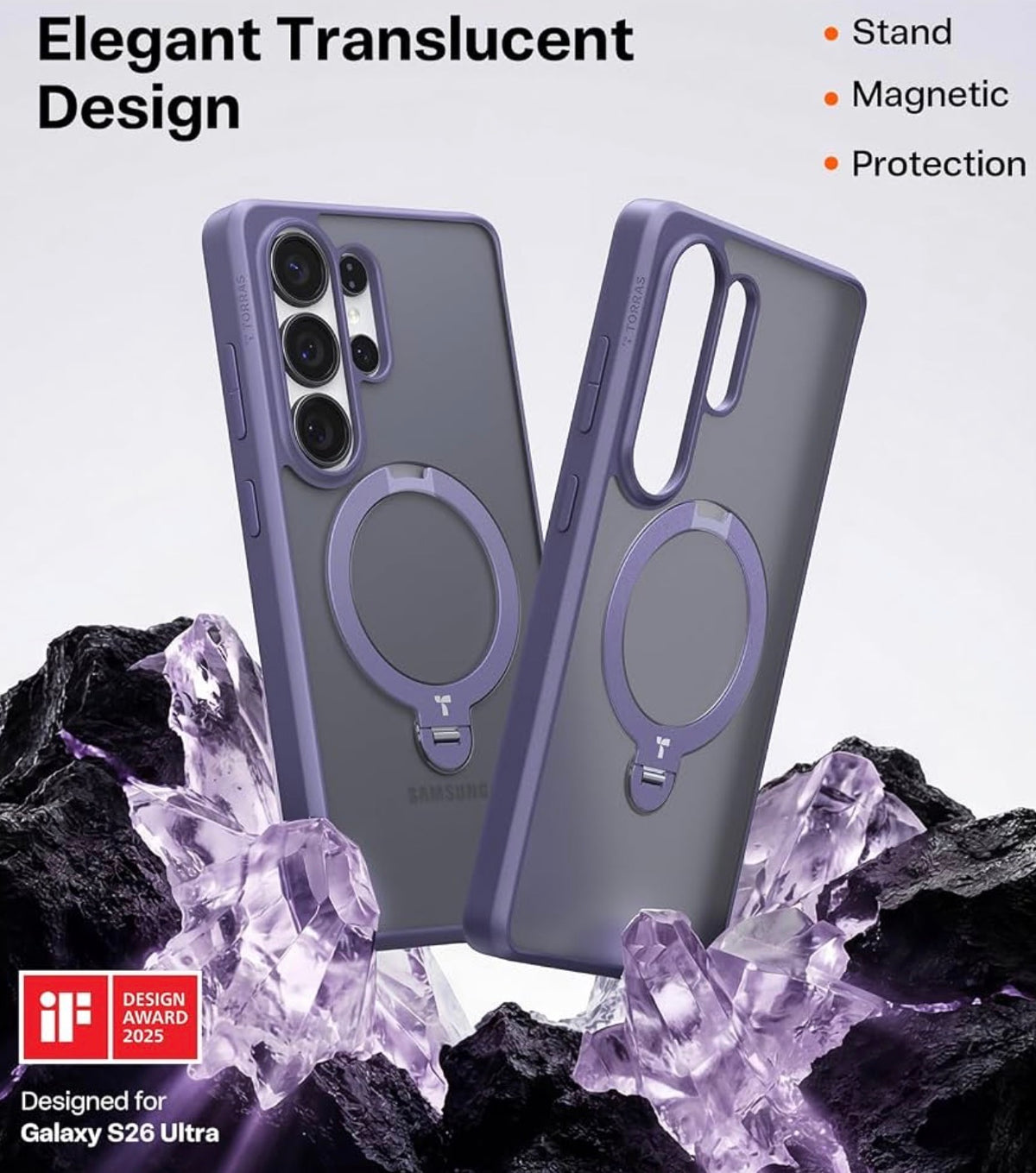 TORRAS Q3 Spin for Samsung Galaxy S26 Ultra Case, 360 Magnetic Stand, Compatible with Magsafe, Slim S26 Ultra Case with Kickstand, Aesthetic for Women, Translucent Frosted Purple