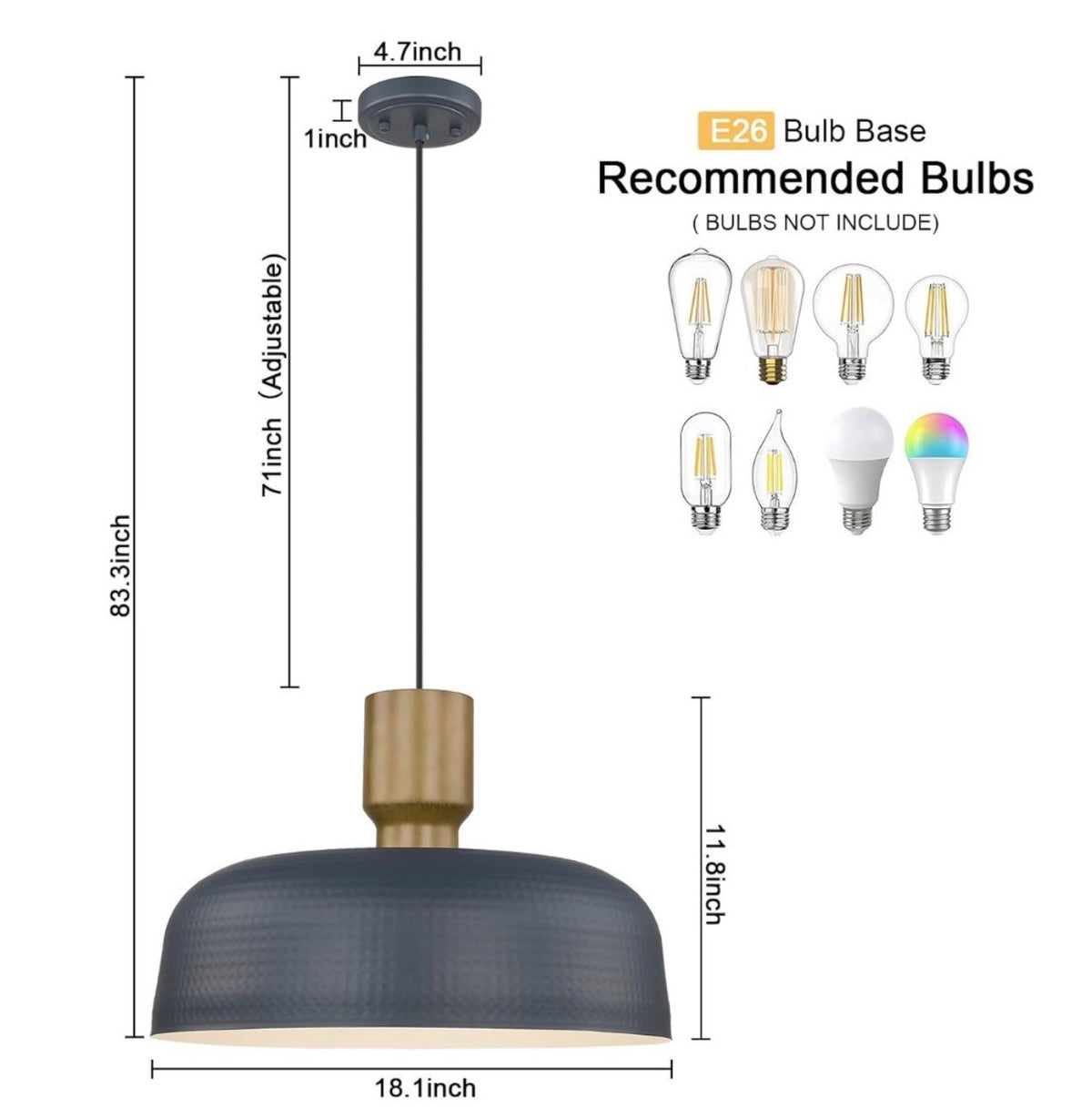 Darkaway Large Industrial Pendant Light Fixtures with Hammered Metal Shade, 2 Pack Blue 18.1 inch Oversized Pendant Lighting for Kitchen Island Hanging Lamp Adjustable Height