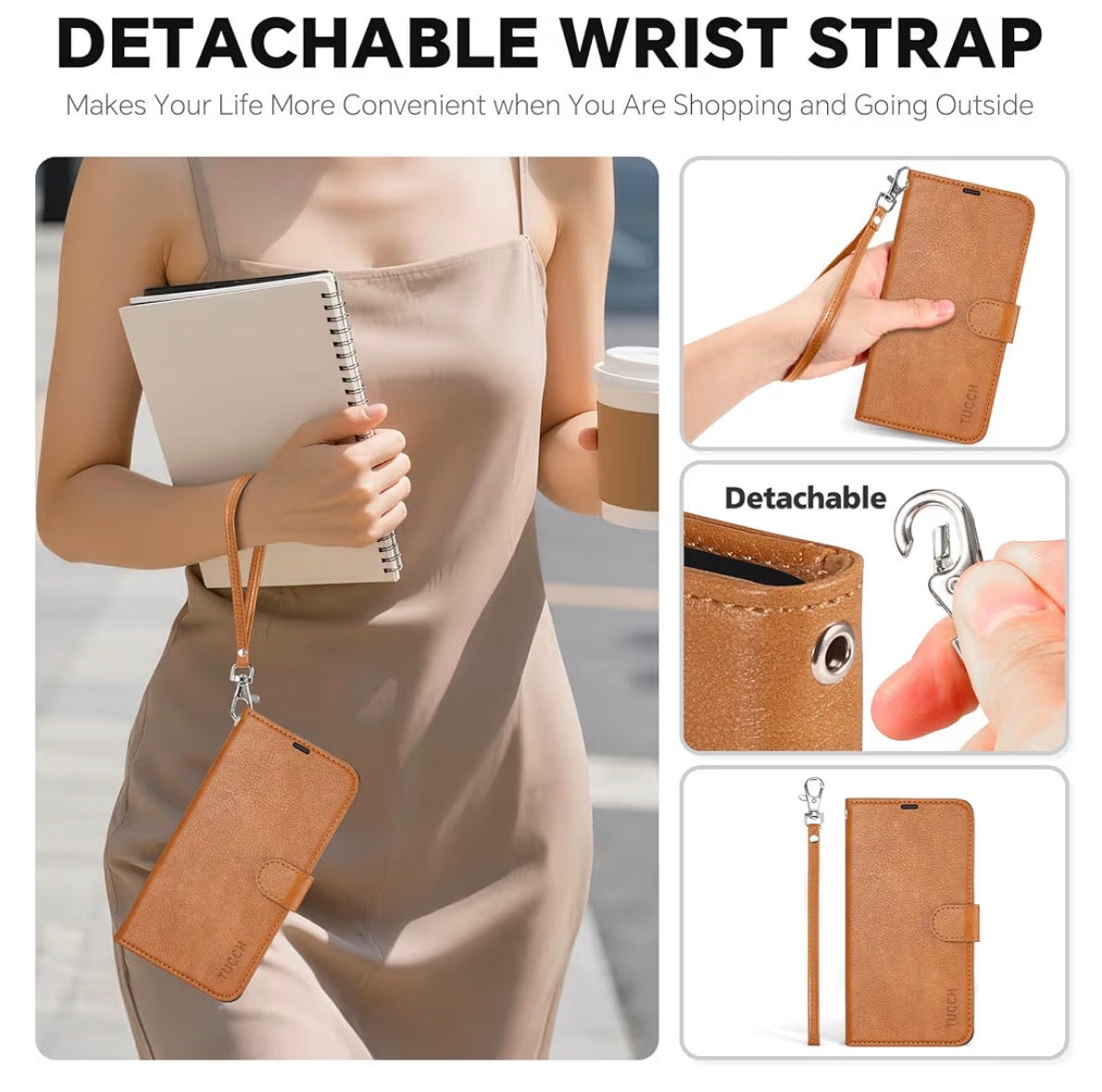 Detachable Wallet Case for iPhone 18 Pro/17 Pro (6.3"), Light Brown, 4 Card Holders, RFID Blocking, Wireless Charging, Kickstand, Wrist Strap, Shockproof TPU, PU Leather, Magnetic, Folio Cover