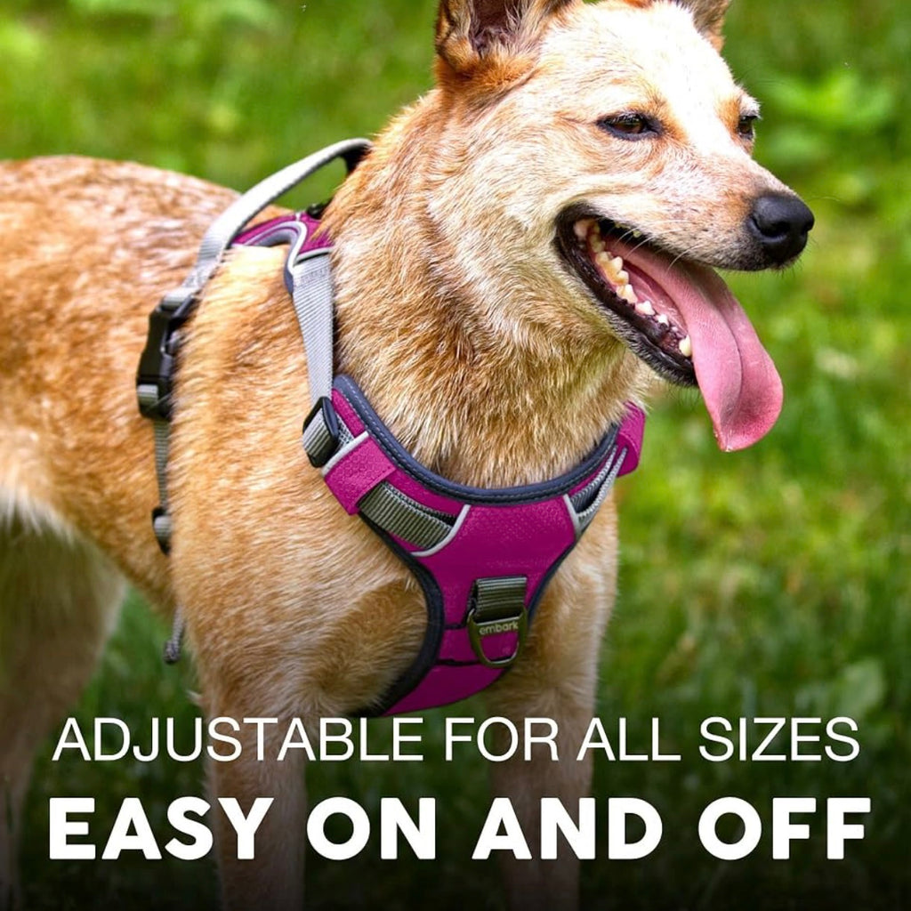 Embark No Pull Dog Harness, Reflective Adjustable Training Vest, No Choke Adjustable straps fit all dog breeds with sturdy hooks; 360° reflective trim, soft padded Harness Design for All Dogs - Hot Pink