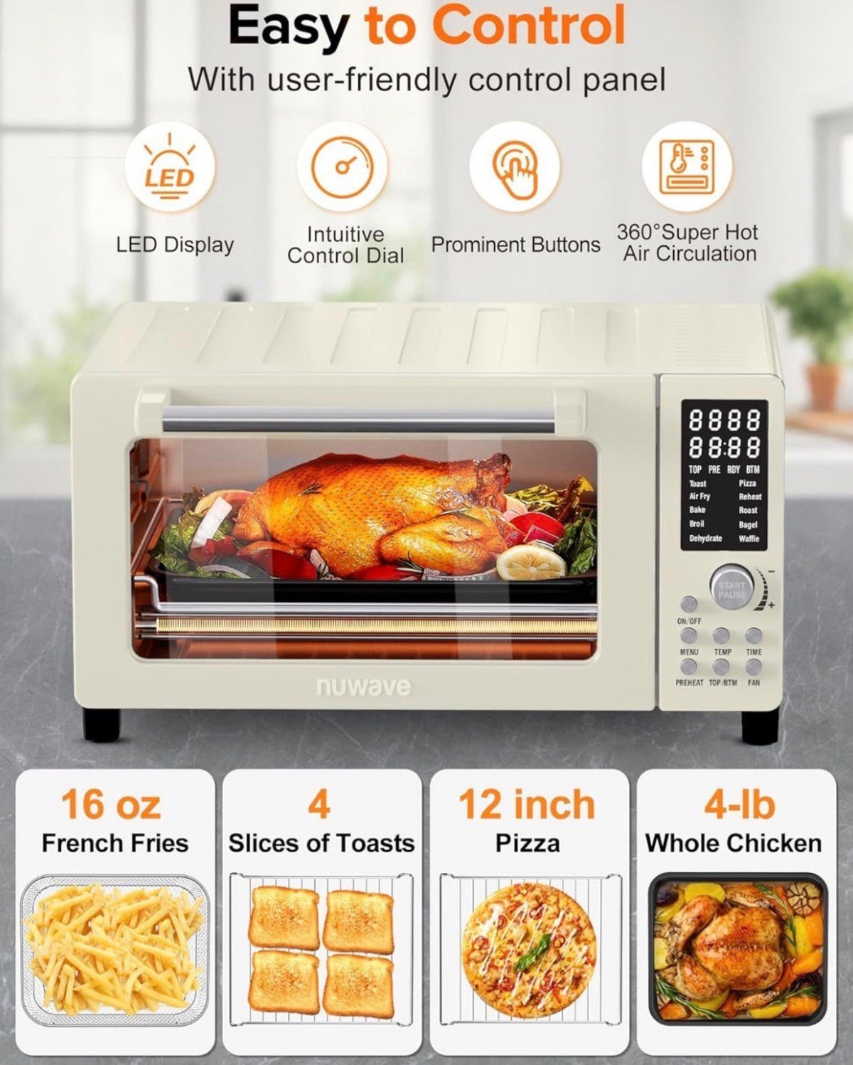 Nuwave Bravo Pro Smart Air Fryer Toaster Oven Countertop Combo
10-in-1 Cooking Functions, 1800W, 50-450°F, 21-Qt, PFAS-Free, Upgraded Super Convection, Cream