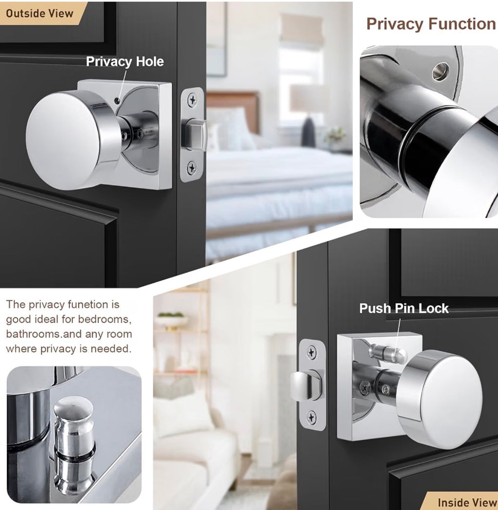 Polished Chrome Door Knobs Interior, Polished Chrome Privacy Door Knob with Lock, Heavy Duty Square Modern Door Handle for Bedroom Bathroom