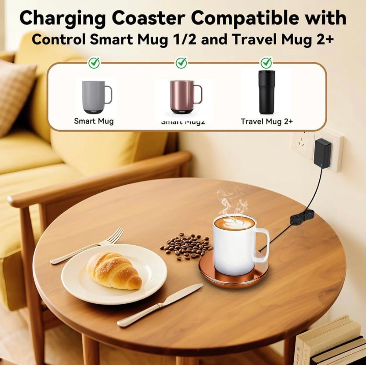 Charging Coaster 2 Compatible with Temperature Control Smart Mug 2,Mug1,Cisain Mug Power Cord for Em/BER Smart Temperature Control Mugs (Copper)