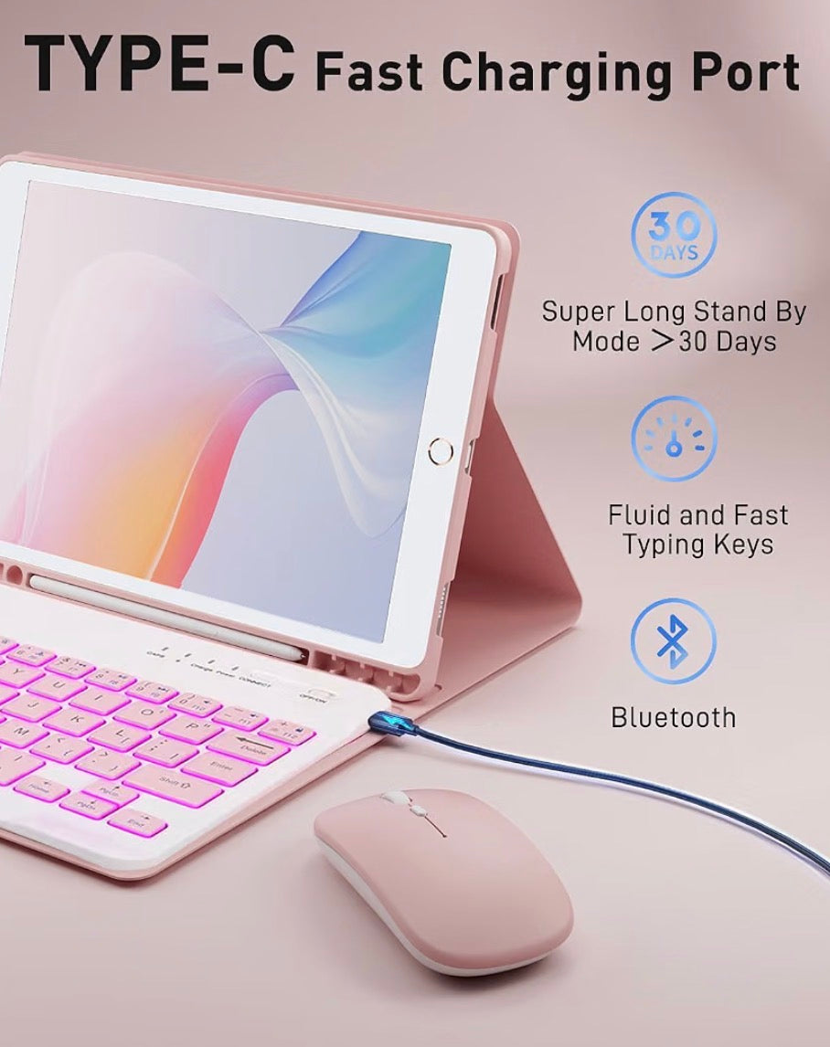 for iPad mini 5 (2019) & Mini 4 (2015) Case with Keyboard for iPad mini 5th 4th Generation 7.9" - 7 Color Backlit Keyboard Case - Built in Pencil Holder with Mouse - Pink