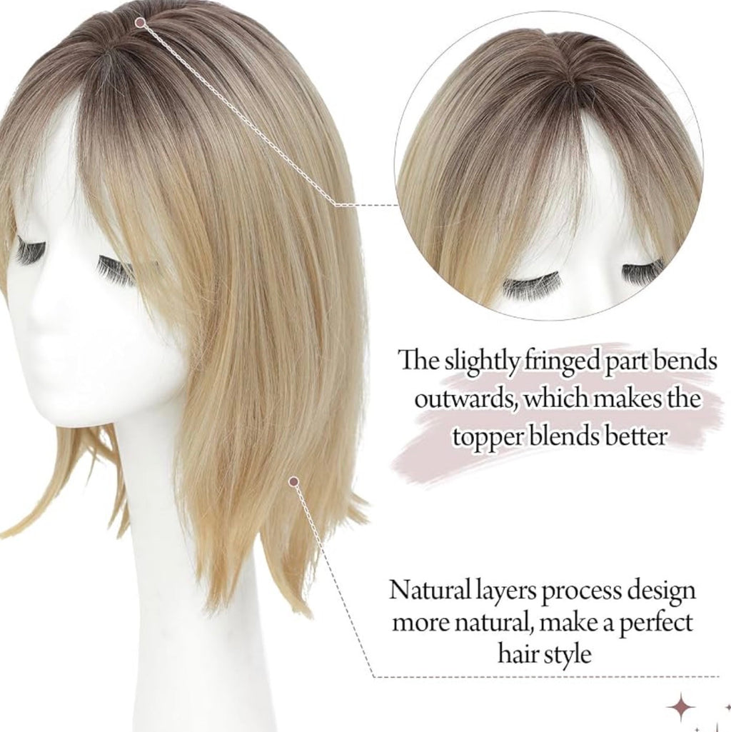 Hair Topper 12” Inch Clip in Synthetic Hair Toppers for Women with Thinning Hair Layered 6.5" X 6.5" Big Base Toppers Hair Pieces for Women Daily Use Blonde with dark root