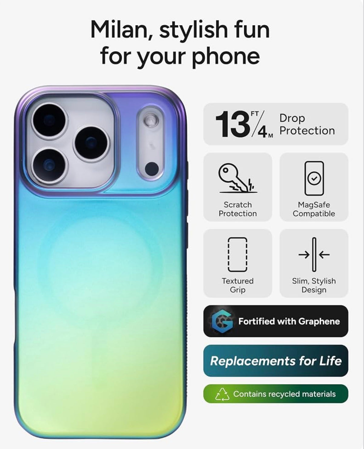 ZAGG Milan Snap Case for iPhone 17 Pro - Raven Feather, Graphene Strengthened Phone Case with Drop Protection (13ft/4m), Textured Edges & Sparkle Design, MagSafe Charging Compatible
