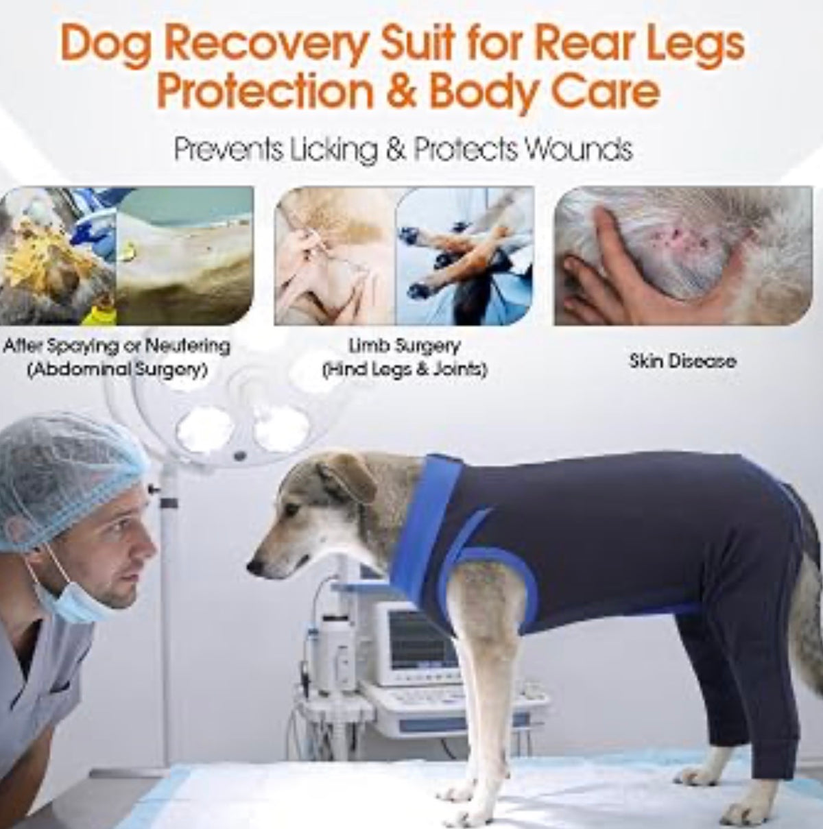 Dog Recovery Suit for Rear Legs, Surgery Onesie, Cone Alternative
Protects rear legs and abdomen from licking and scratching. Breathable recovery suit for male and female dogs after surgery - Large