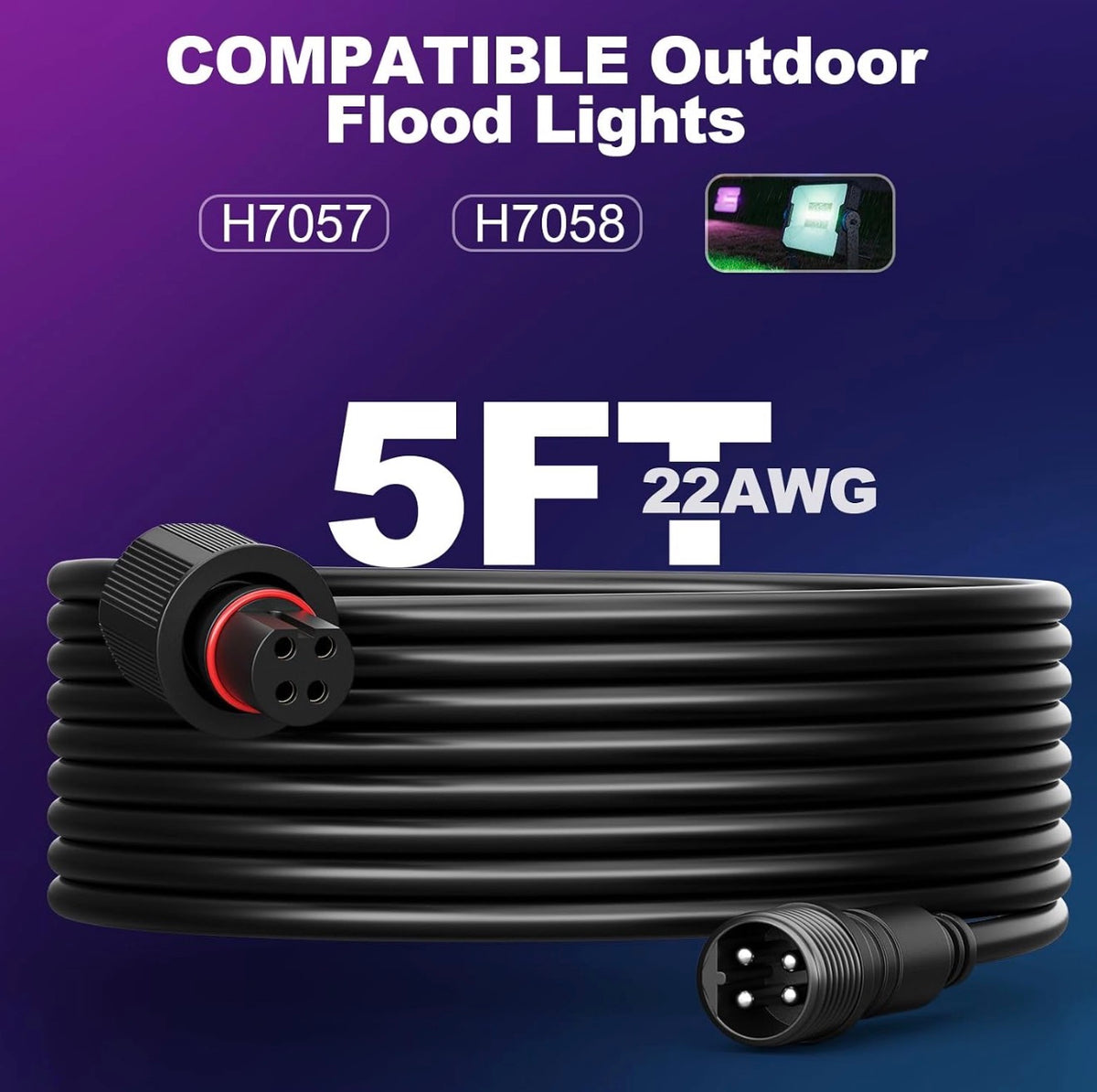 5FT Extension Cable for Go-vee Outdoor Flood Lights 2 H7058 H7057, 2 Pack Outdoor Flood Lights Extension Cord, 4 Pin Waterproof Connector，Extend Your for Go-vee Outdoor Flood Lights H7058 H7057