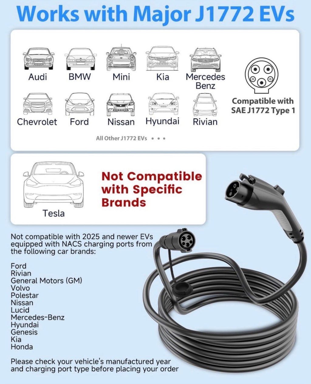 J1772 EV Charger Extension Cable, 40A 21 FT Level 1/2 Extension Cord, 21 FT Extension Cable for 110V-240V SAE J1772 Chargers, IP66 Weather Resistant, Compatible with EVs/PHEVs,Storage Bag Included