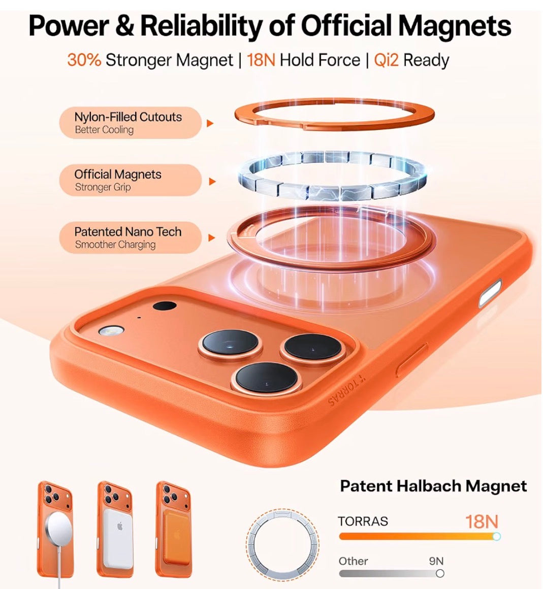Upgrade 360 Magnetic Stand for iPhone 17 PRO Case, Fit for MagSafe
Mil-Grade Protection, Camera Control Button, Slim Soft Edge Translucent Back for iPhone 17 Pro 6.3 inch, Orange