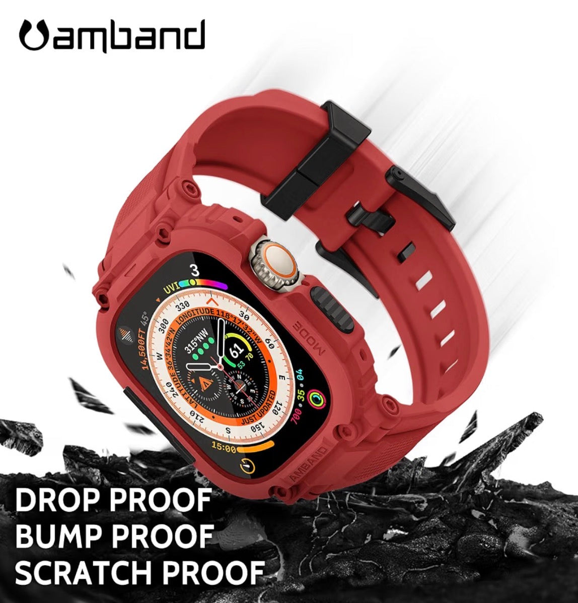 amBand Bands Case Screen Protector Compatible with Apple Watch Ultra 3/2/1 49mm, M1 Sport Series Rugged Cover Strap and 9H Tempered Glass Film, Protective Bumper for iWatch 49 mm Men - Mars Red