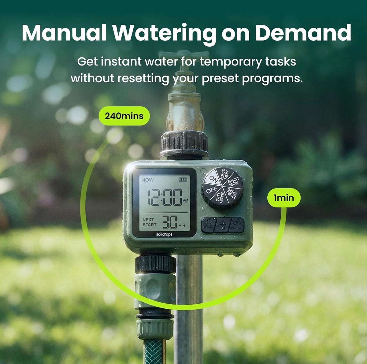 Garden Hose Sprinkler Timer 1 or 2 Outlet Programmable Controller Self-cleaning valve, rain delay, auto-off, IPX5 waterproof, large LCD, 15-day scheduling, and tool-free installation