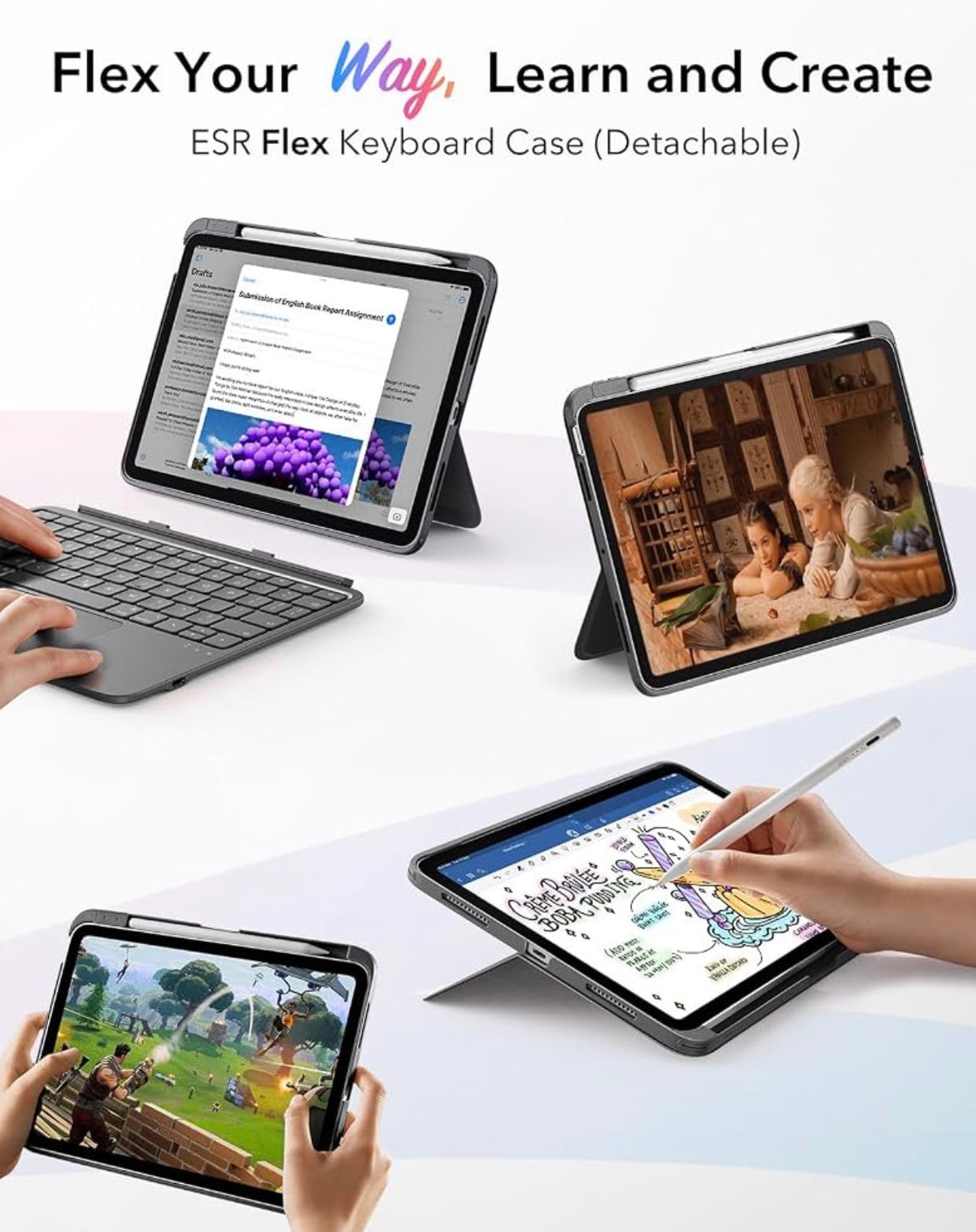 ESR for iPad Air 11 Inch Case with Keyboard M4/M3/M2, Ultra-Light For iPad Air 5th/4th Gen, Magnetic Detachable Keyboard Case, Stable Stand for Writing, Large Trackpad, Flex Series, Dark Gray