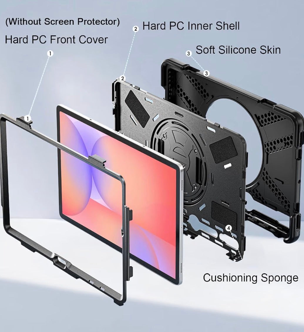 Case for Samsung Galaxy Tab S10 Lite/S10 FE/S9 FE/S9/S8/S7 5G 10.9"/11 Inch, Heavy Duty Rugged Soft Silicone Shockproof Drop Protective Cover with Rotating Stand Hand Strap, Black