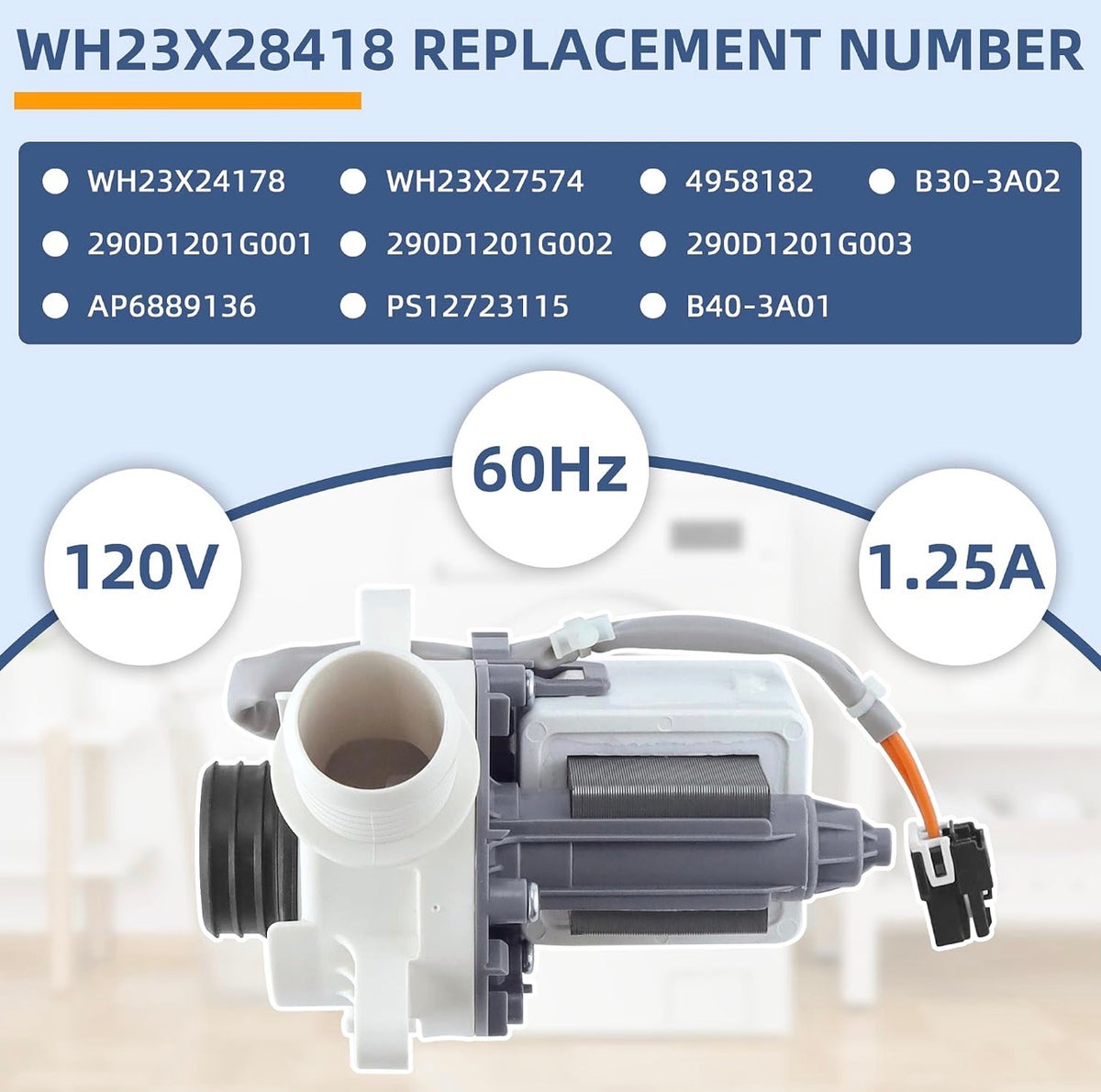 WH23X28418, 290d1201g003, 290d1201g001 Washer Drain Pump & Motor Assembly Replacement Compatible with G-E Hot-point Washers, Replace WH23X24178 WH23X27574 B40-3A01 B30-3A02 By Fetechmate