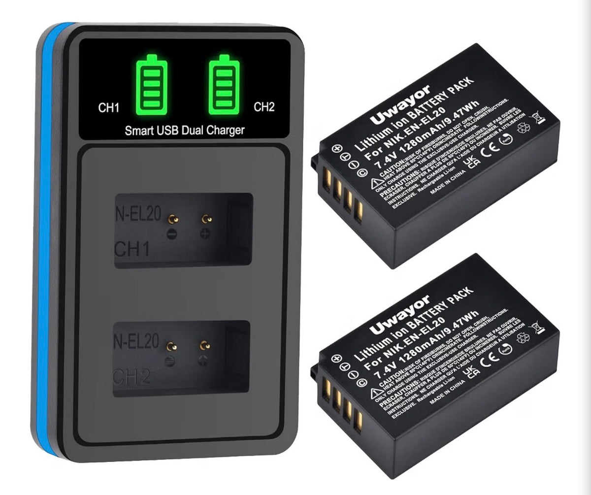 EN-EL20 EN-EL20a Battery and Charger Set for Nikon Coolpix P1000, P950, DL24-500, Coolpix A, 1 AW1, 1 J1, 1 J2, 1 J3, 1 S1, 1 V3 Camera