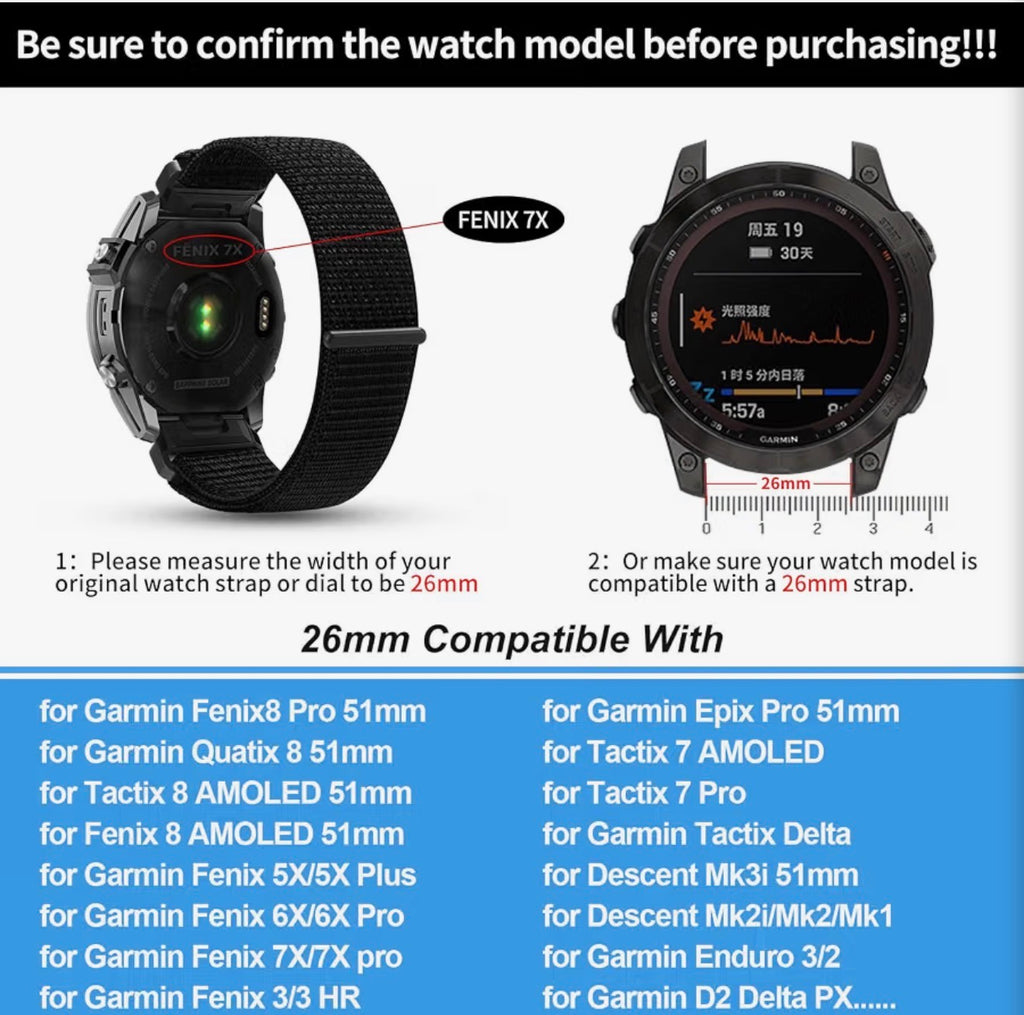 26mm Watchband Compatible with Garmin Fenix 8 pro/tactix 8 AMOLED-51mm/Fenix 7X/6X/5X/7X Pro/6X Pro/5X Plus/3 HR,Nylon Elastic Braided Strap For Descent Mk2i/3i/quatix 8 51mm/Enduro3, 2 Pack
