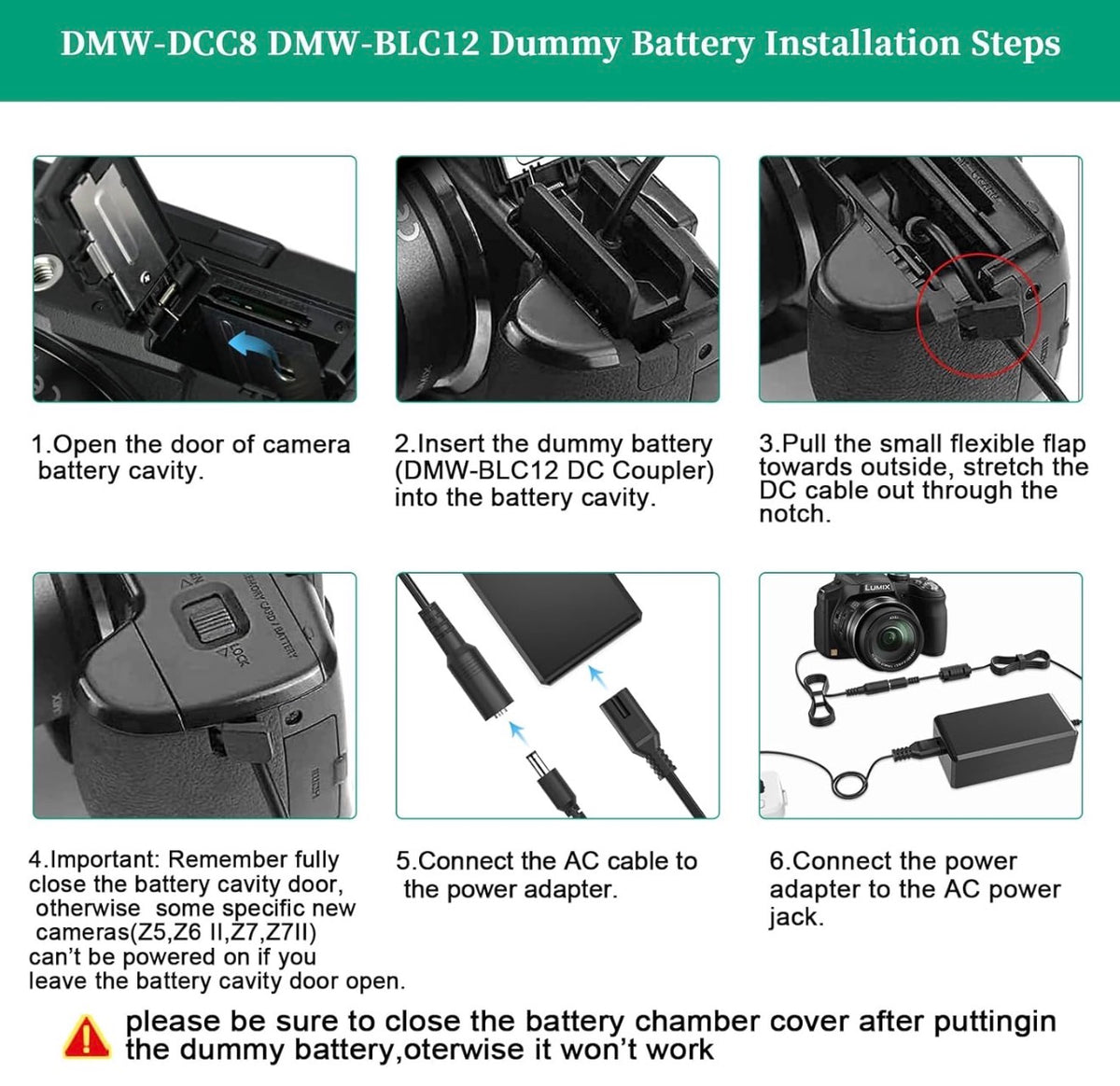 DMW-DCC8 Dummy Battery DMW-AC8 Power Suply Kit for Panasoni Lumix G7
DMW-DCC8 DC Coupler Compatible with Panasonic Lumix G7 GX8 G85 DMC-FZ200 DMC-FZ1000 DMC-GH2 DMC-G5 DMC-G6 DMC-G7.