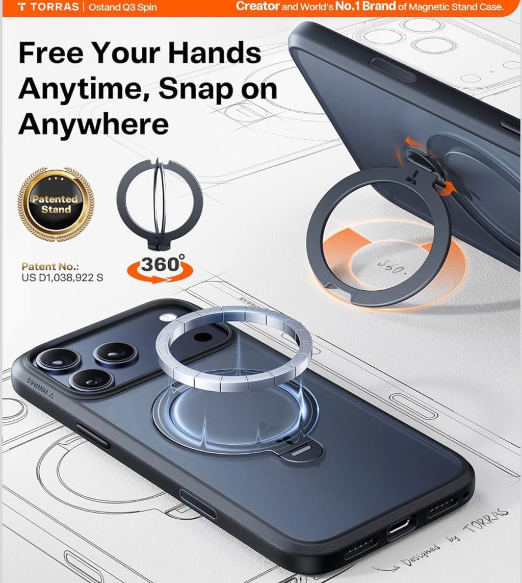 TORRAS Q3 Spin for iPhone 17 Pro Case, 360 Magnetic Stand, Black, Compatible with MagSafe, Built-in Kickstand, Camera Control, 4X Military-Grade Shockproof Translucent Phone Case for 17 Pro