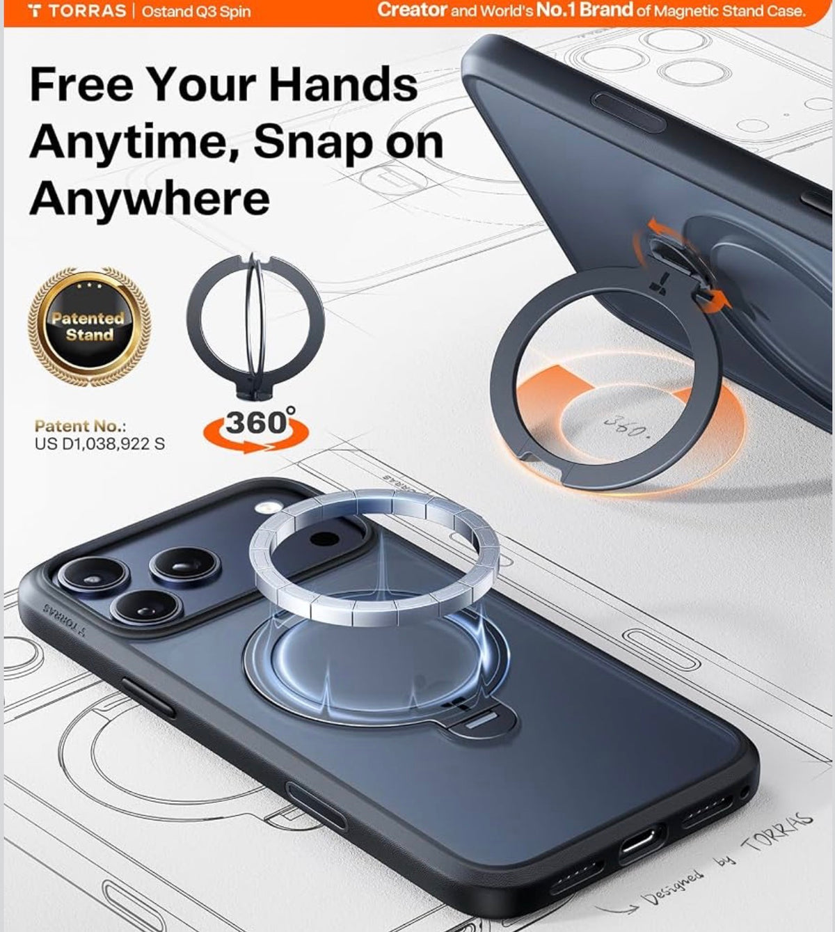 TORRAS Q3 Spin for iPhone 17 Pro Case, 360 Magnetic Stand, Black, Compatible with MagSafe, Built-in Kickstand, Camera Control, 4X Military-Grade Shockproof Translucent Phone Case for 17 Pro